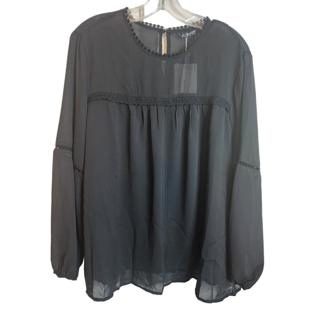 BloomChic Black Sheer Bodice/Sleeve Blouse, 1X, NWT